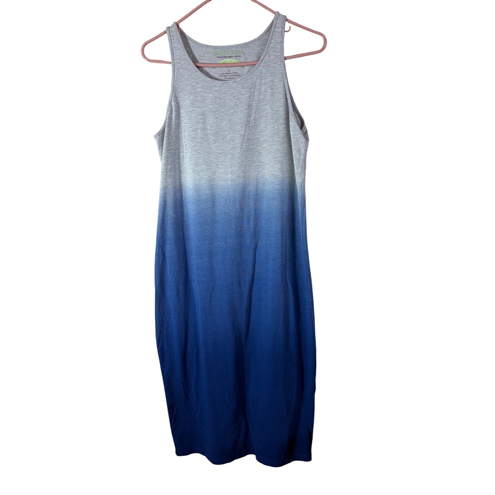 Earth Yoga Womens Grey Blue Ombre Organic Cotton Bamboo Midi Dress L sustainable